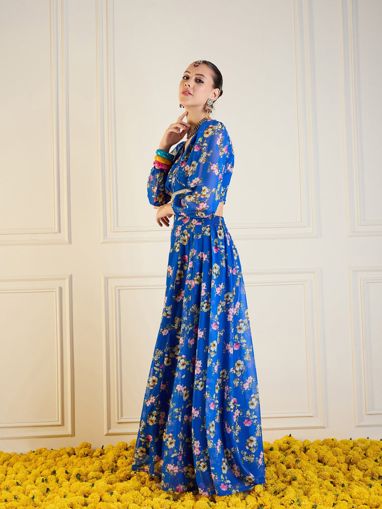 Women's Blue Floral Lehenga Set