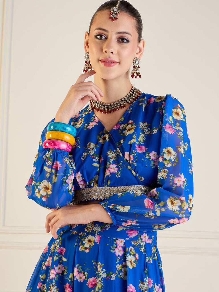 Women's Blue Floral Lehenga Set