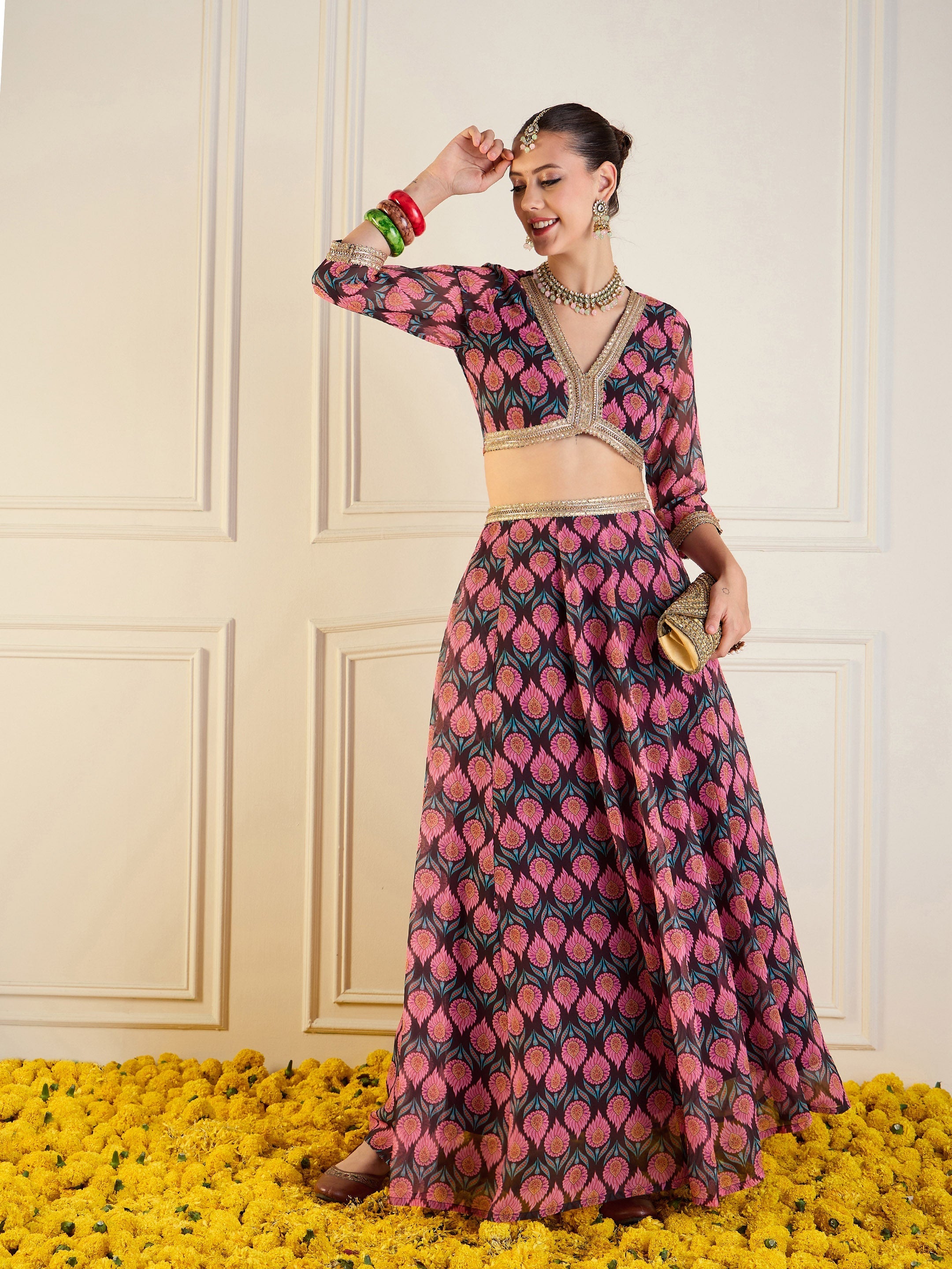 Women's Brown Floral Lehenga Set - Sassafras