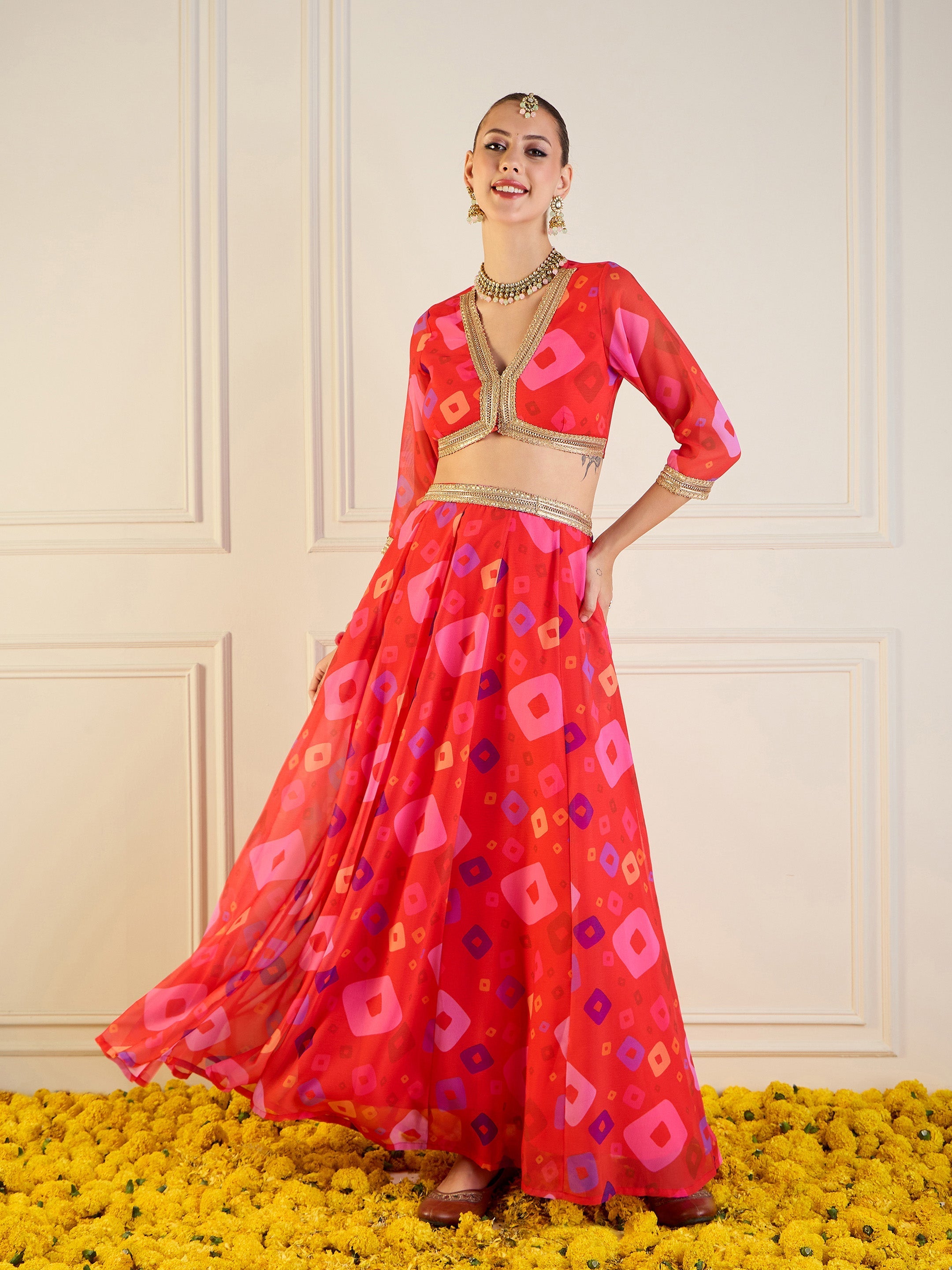 Women's Red Crop Top Lehenga Set - Sassafras