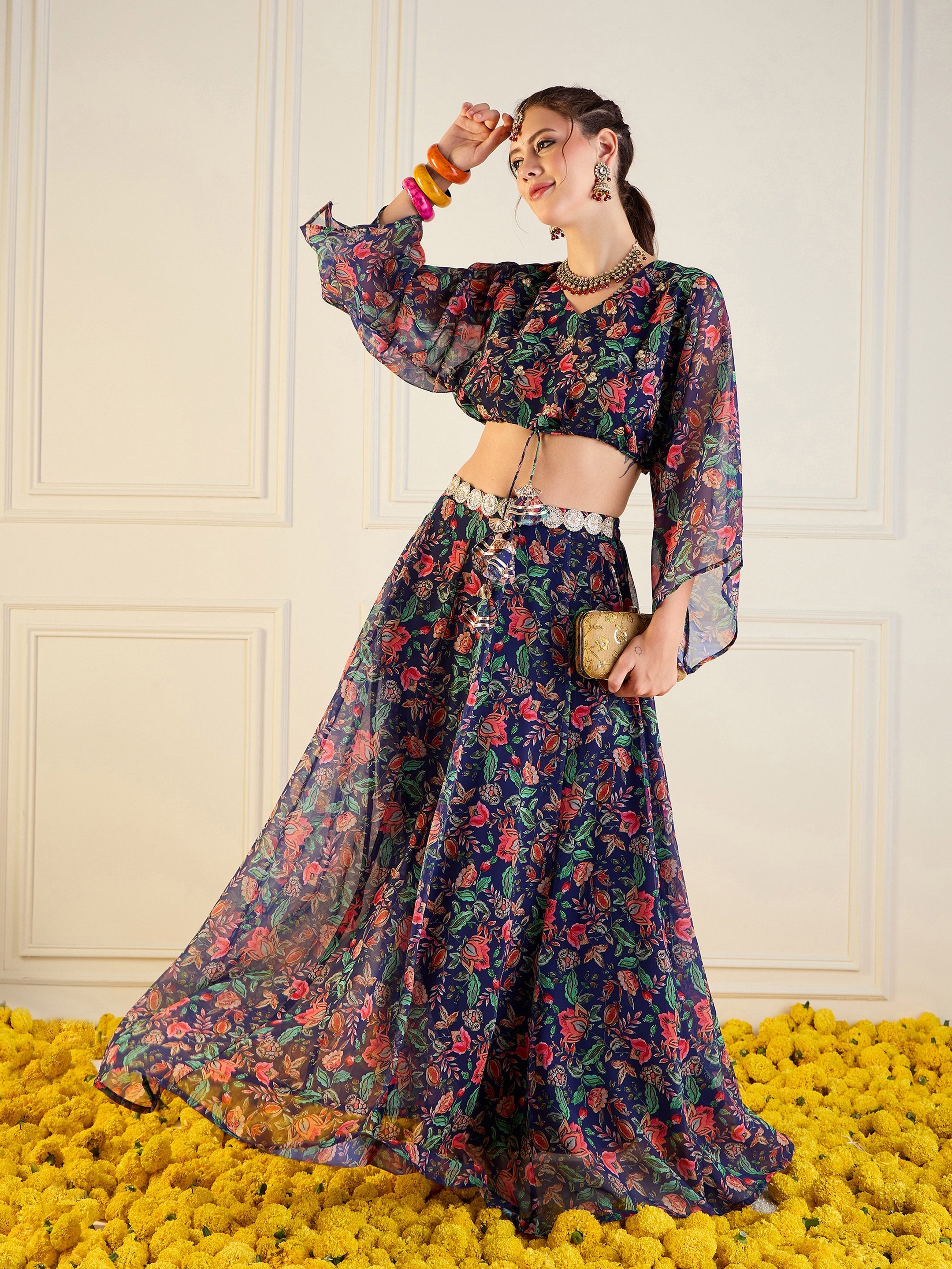 Women's Dark Blue Floral Lehenga Set - Sassafras