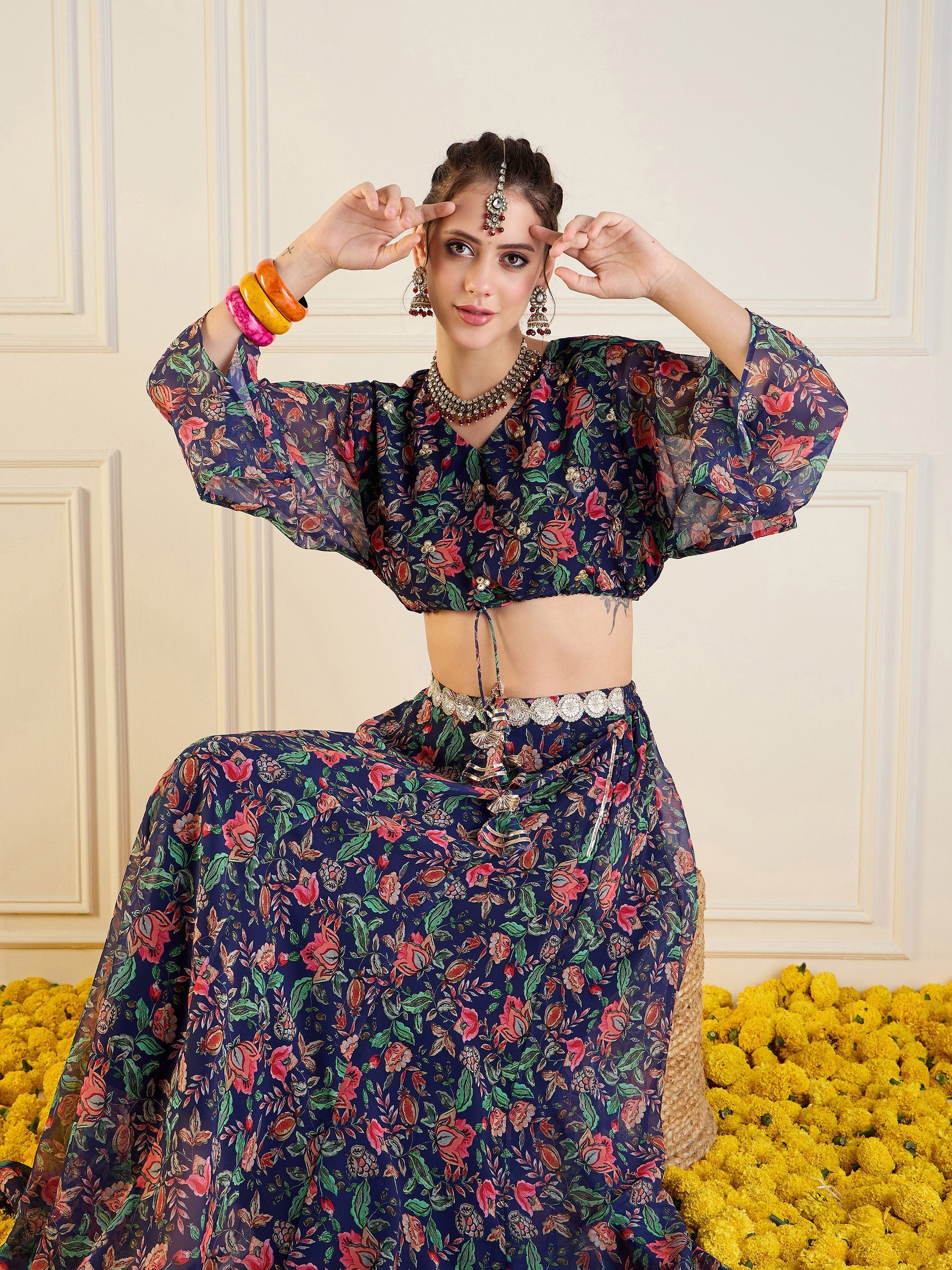 Women's Dark Blue Floral Lehenga Set - Sassafras