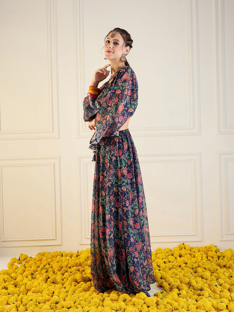 Women's Dark Blue Floral Lehenga Set