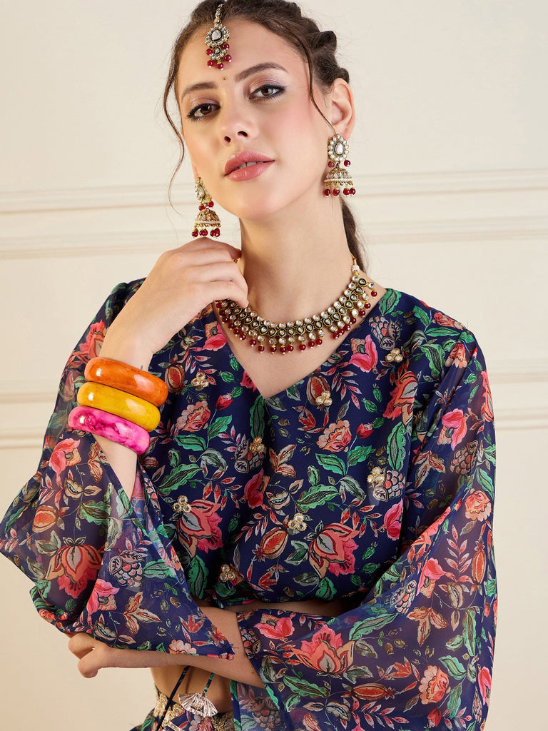 Women's Dark Blue Floral Lehenga Set