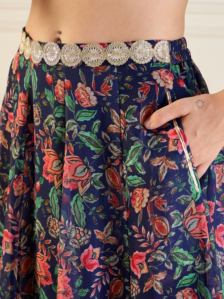 Women's Dark Blue Floral Lehenga Set
