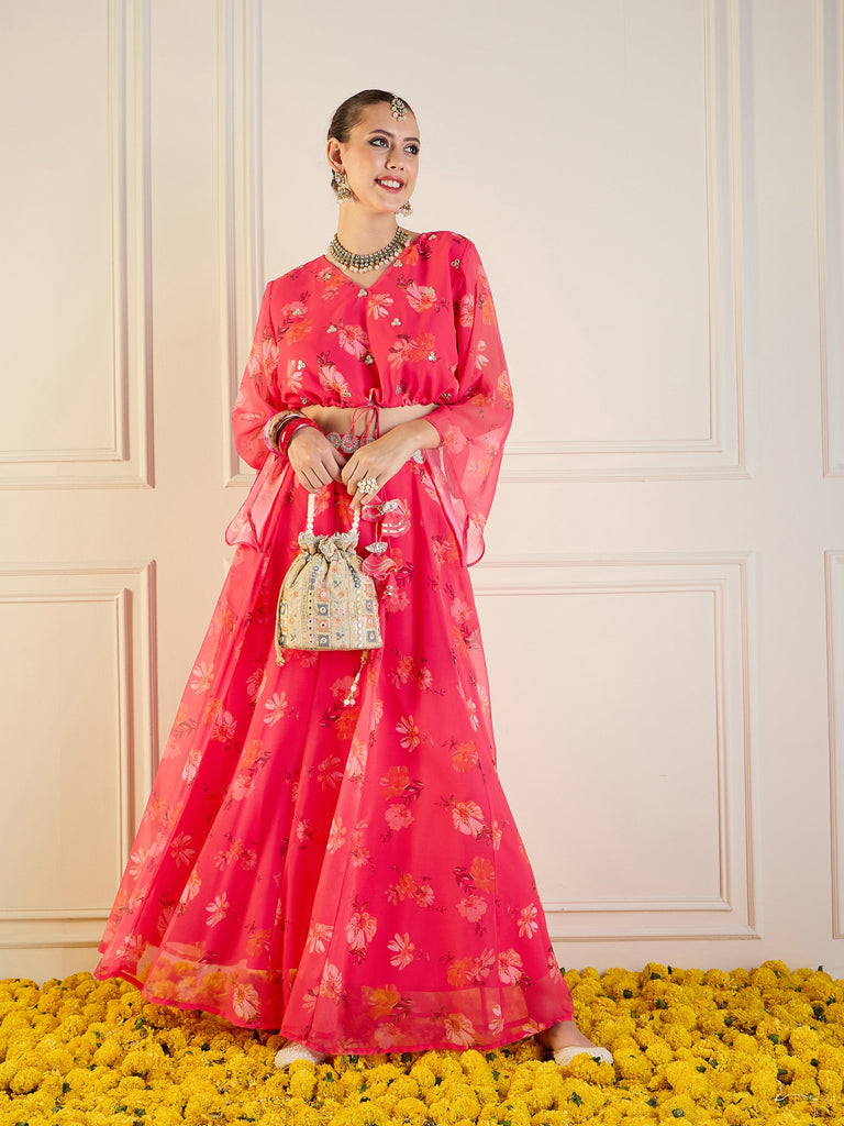 Women's Pink Floral Lehenga Set