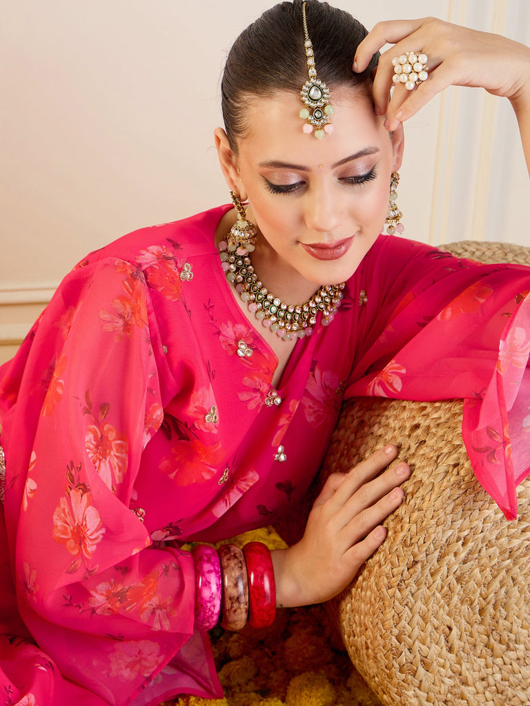 Women's Pink Floral Lehenga Set