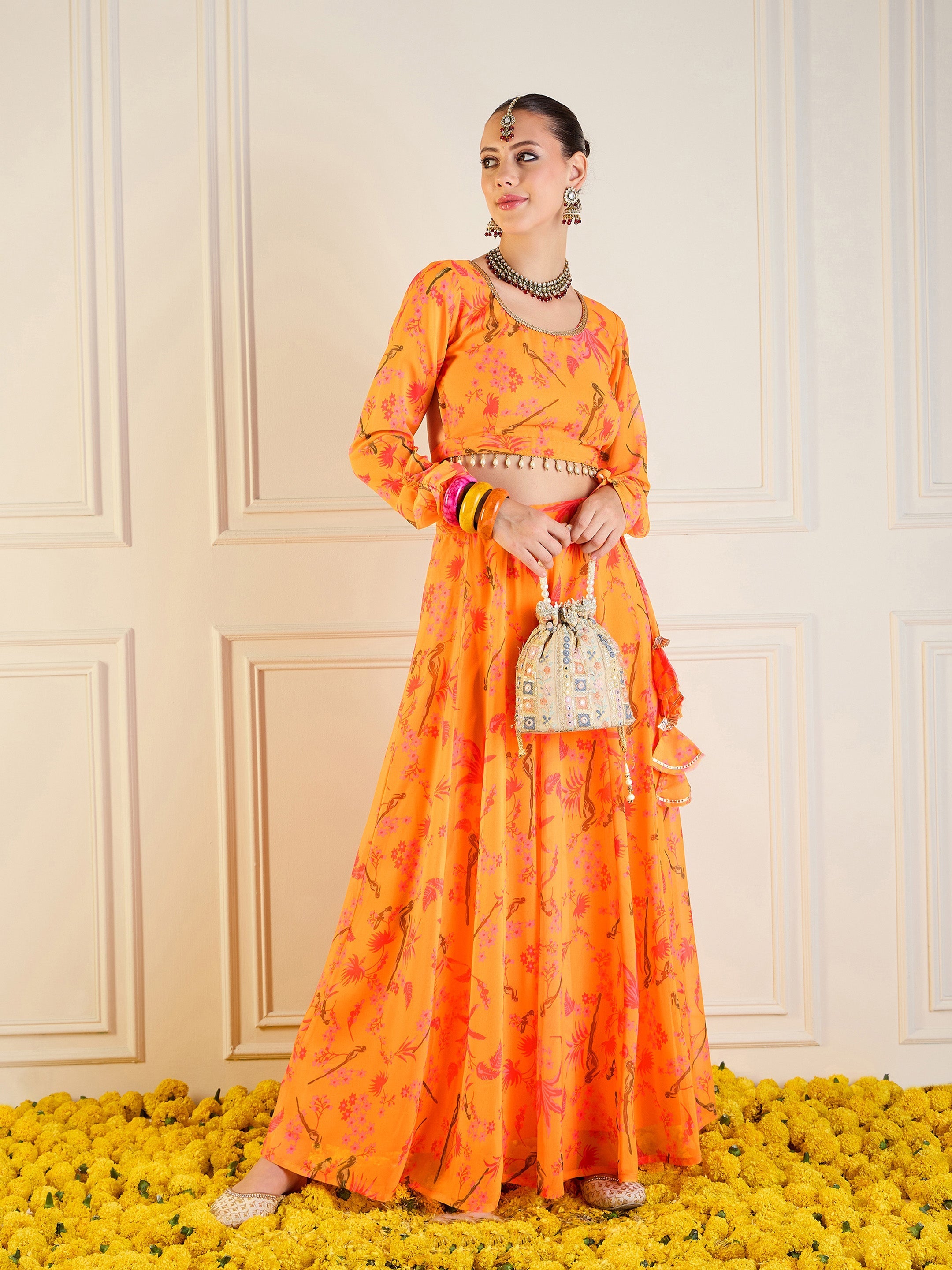 Women's Yellow Printed Lehenga Set - Sassafras