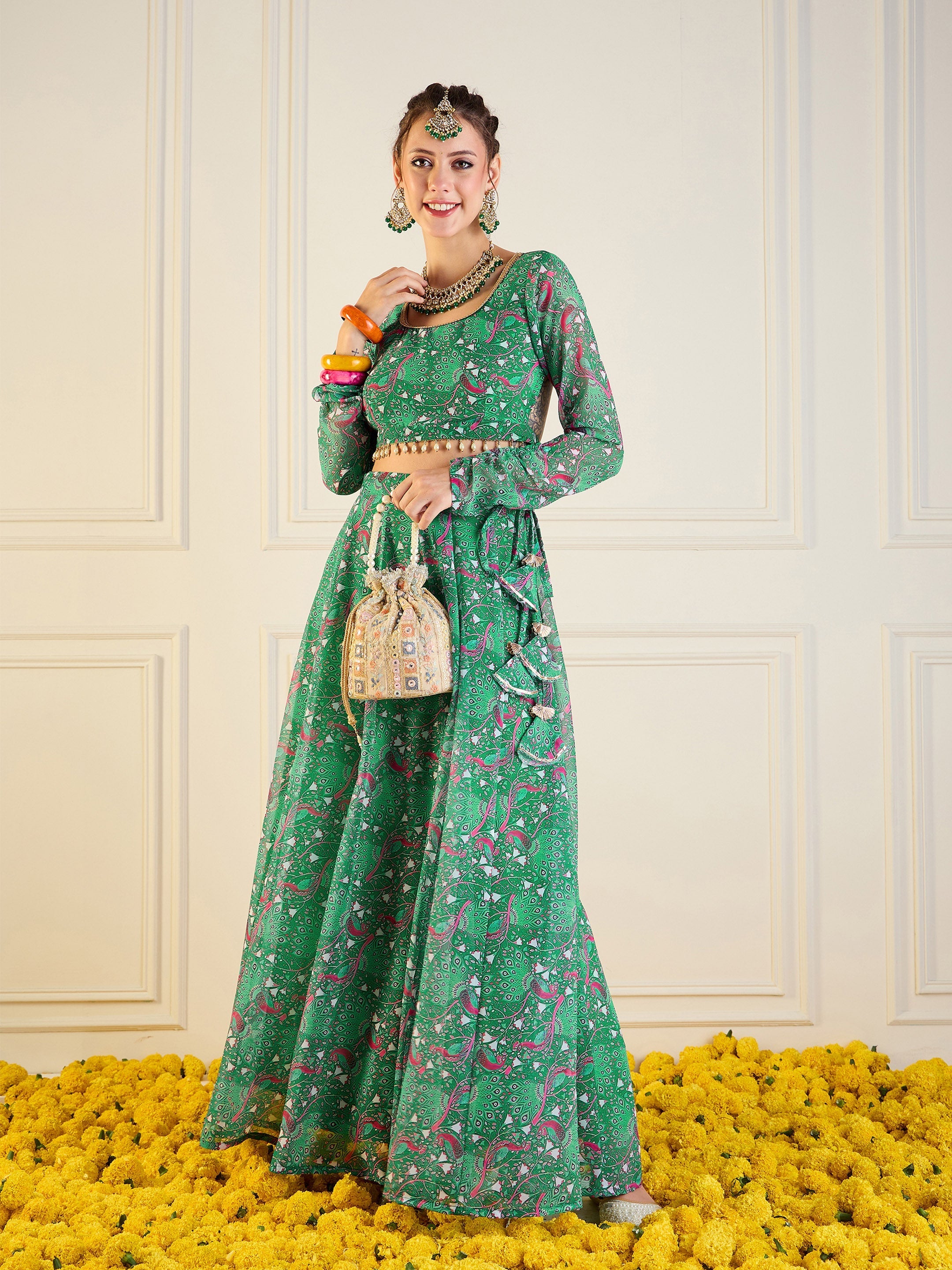 Women's Green Printed Lehenga Set - Sassafras