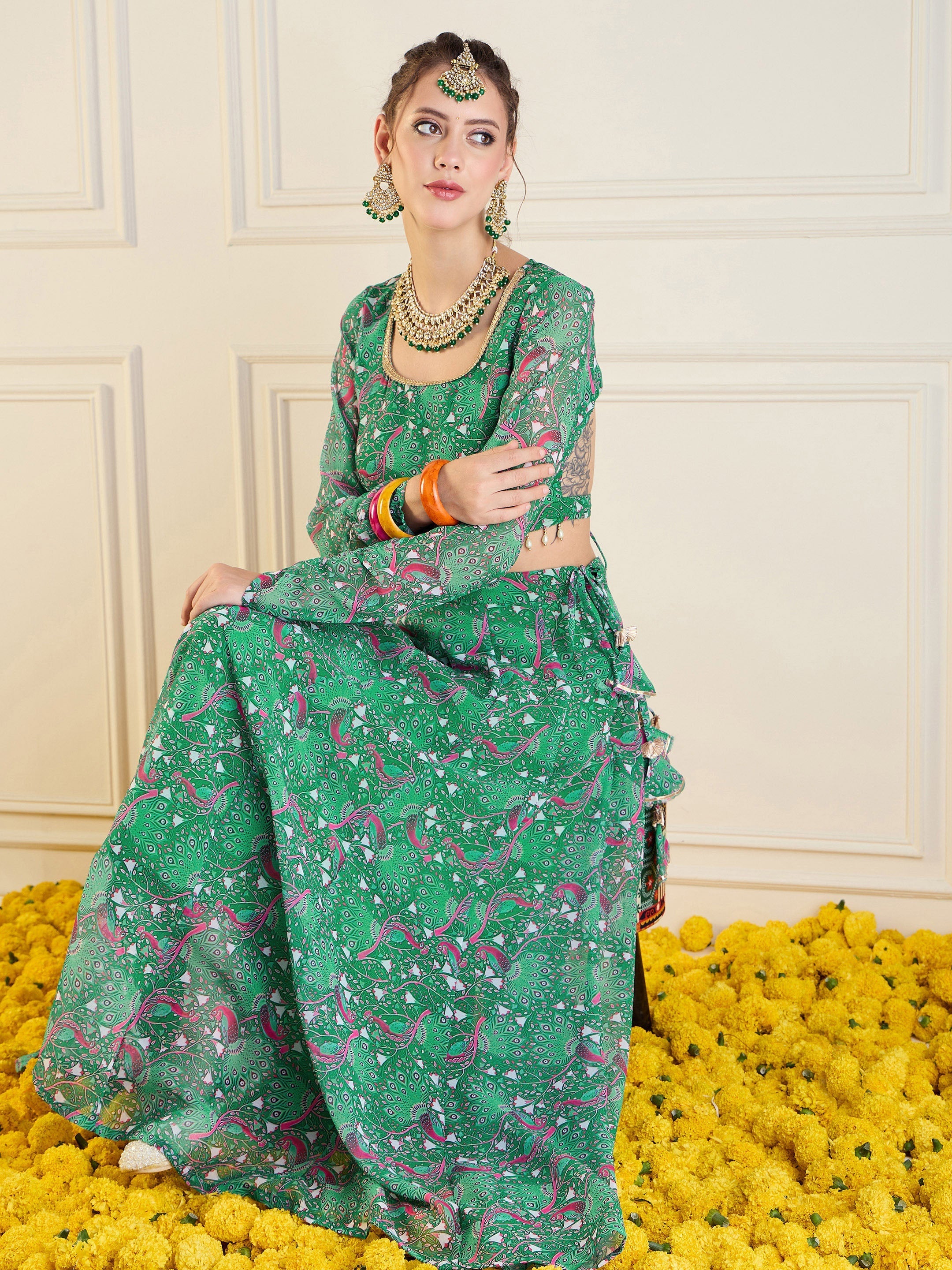 Women's Green Printed Lehenga Set - Sassafras