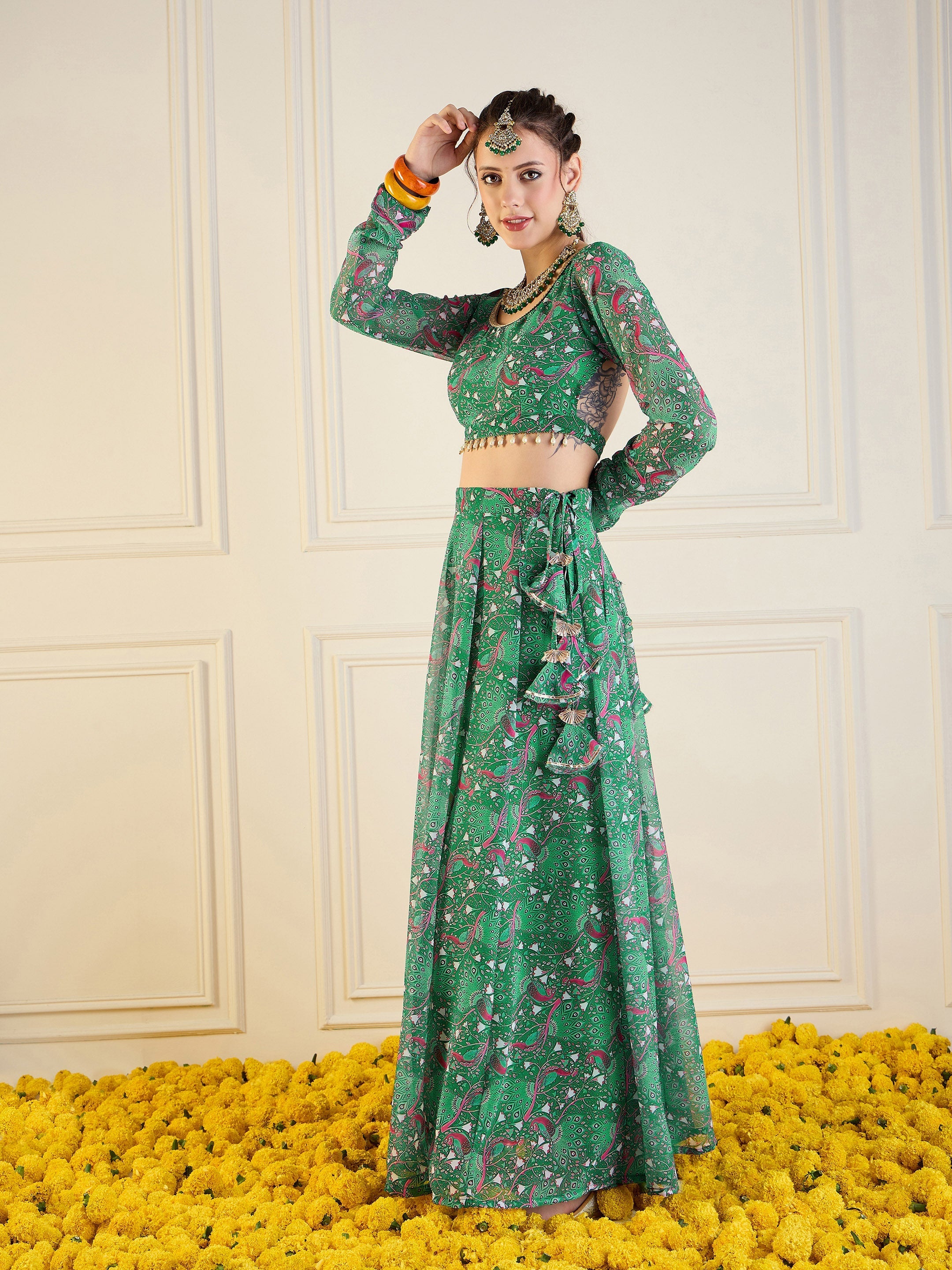 Women's Green Printed Lehenga Set - Sassafras