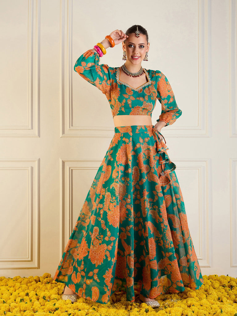 Women's Green Floral Lehenga Set