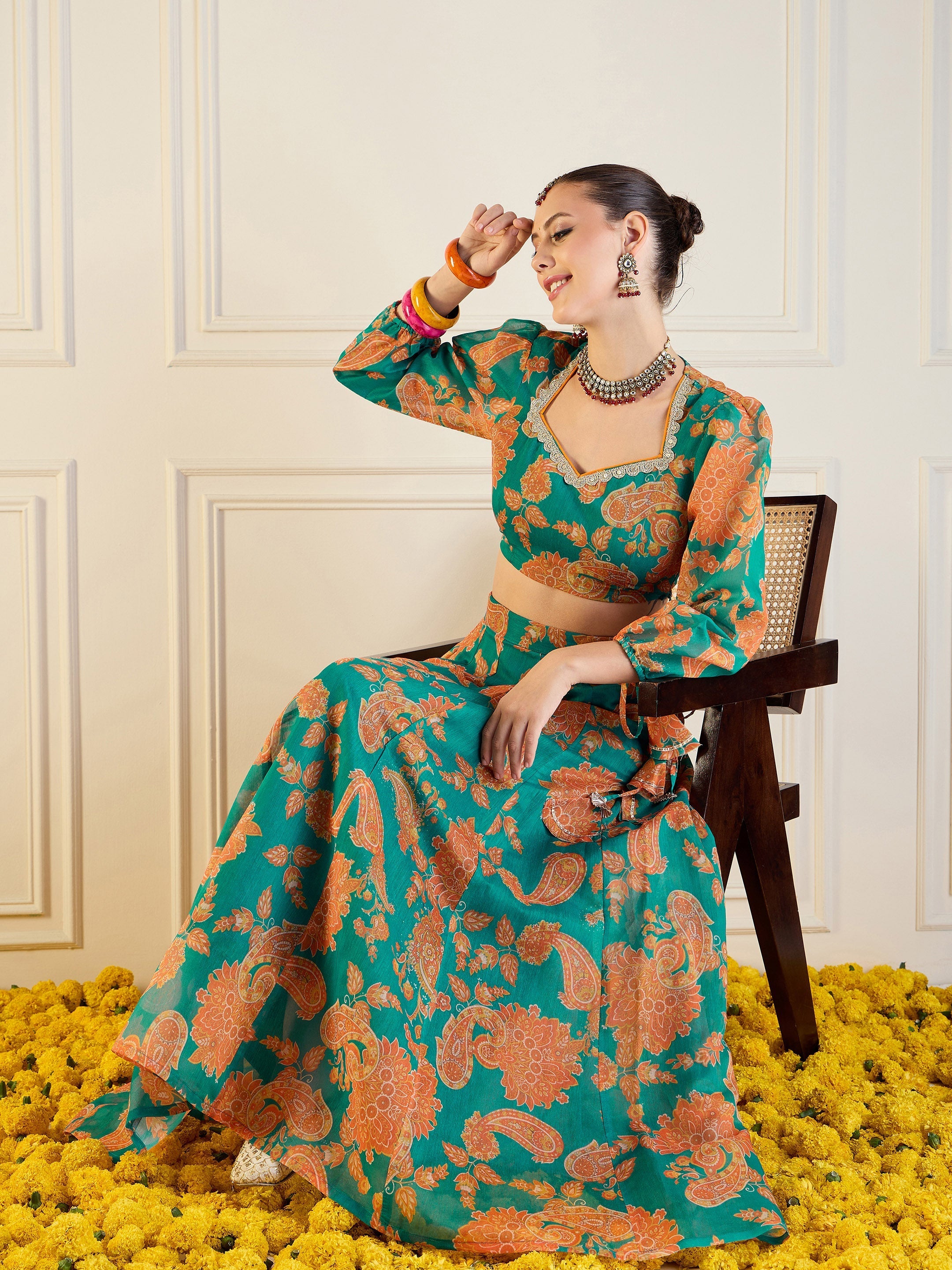 Women's Green Floral Lehenga Set