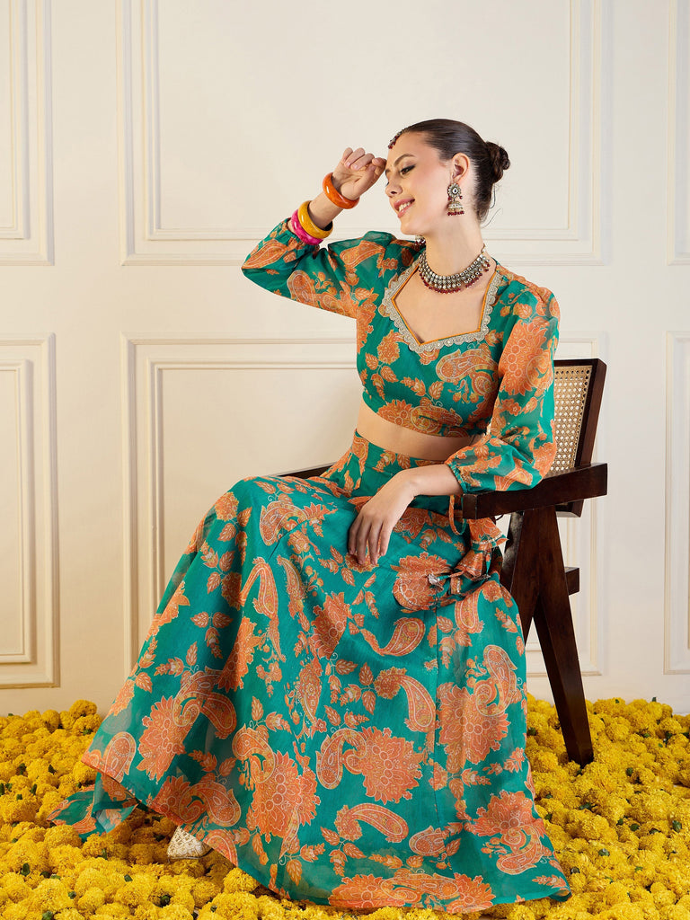 Women's Green Floral Lehenga Set