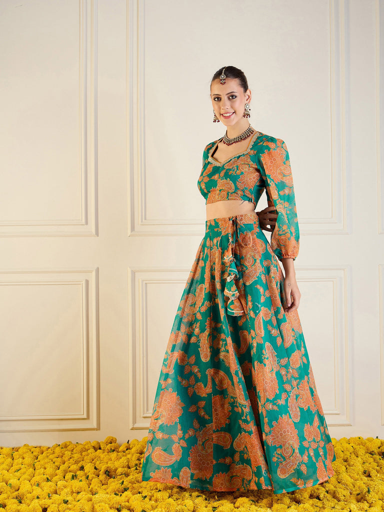 Women's Green Floral Lehenga Set
