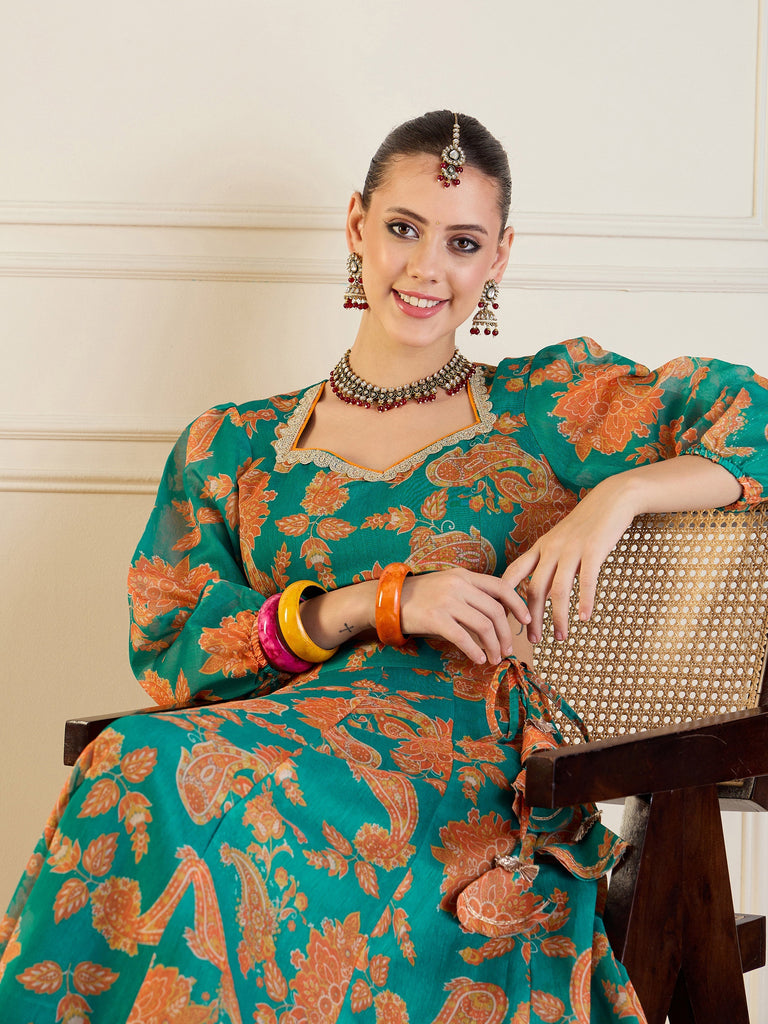 Women's Green Floral Lehenga Set