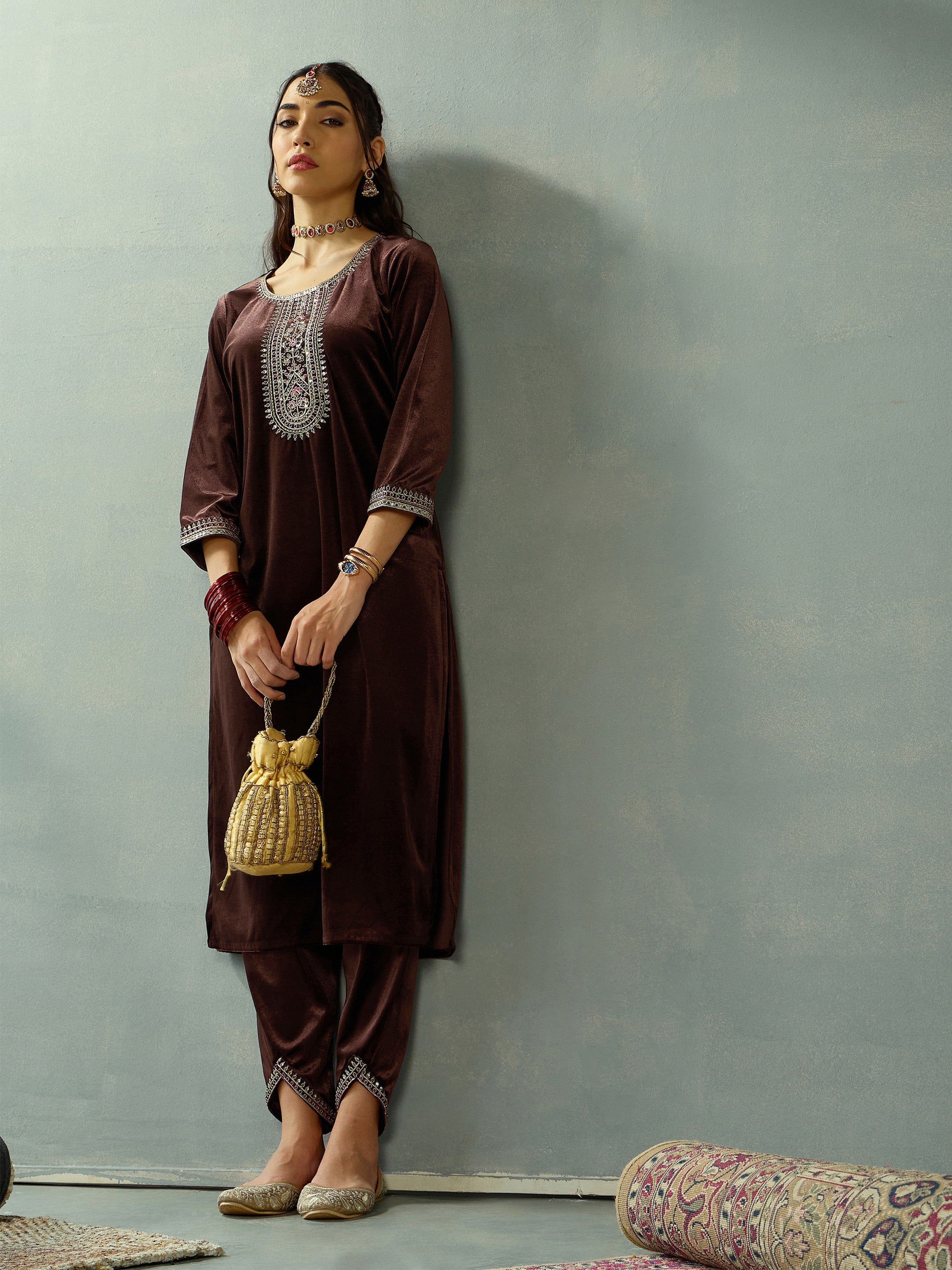 Women's Brown Embroidered Co-Ord Set