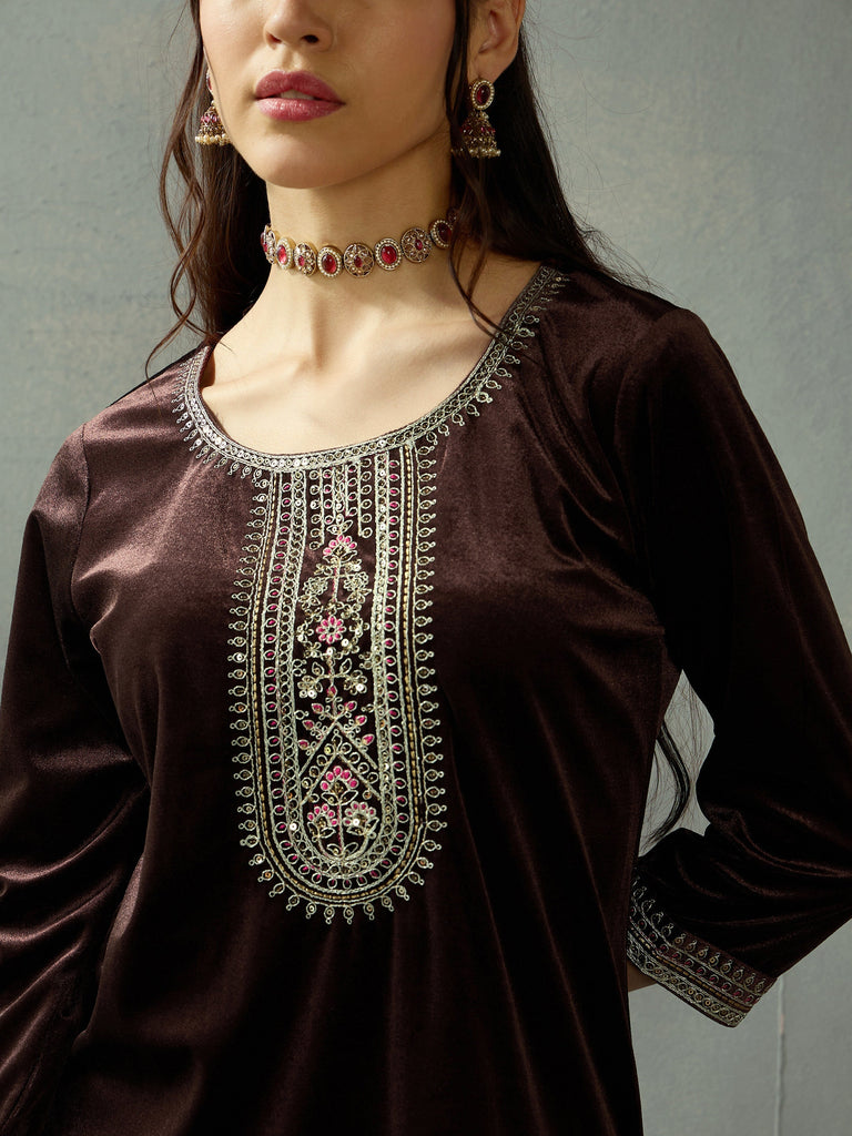 Women's Brown Embroidered Co-Ord Set