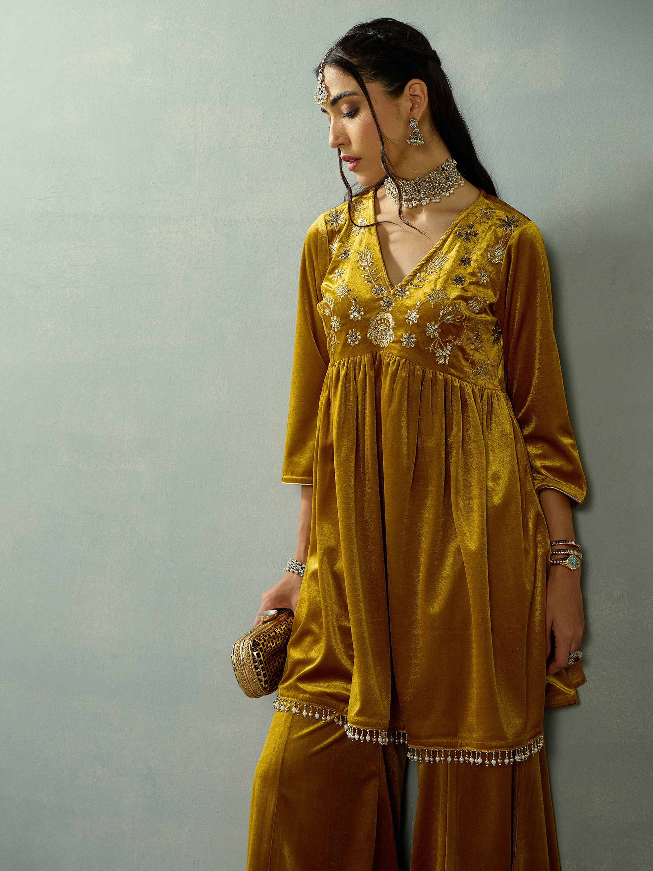 Women's Mustard Embroidered Co-Ord Set - Sassafras