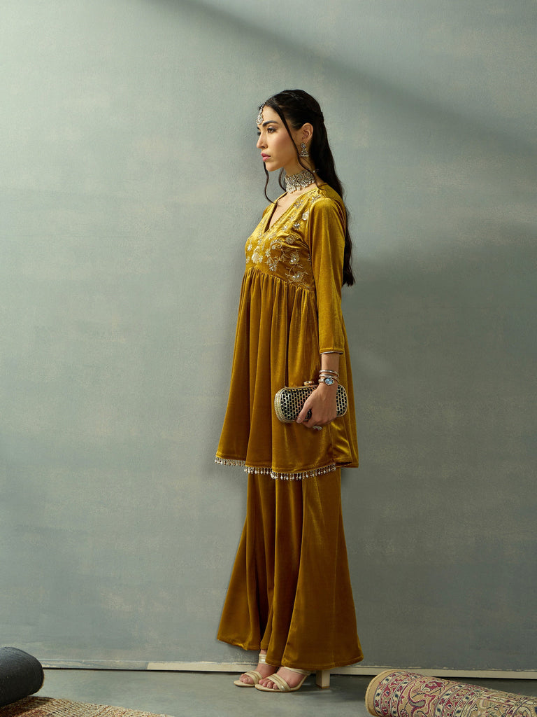Women's Mustard Embroidered Co-Ord Set