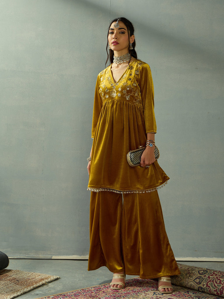 Women's Mustard Embroidered Co-Ord Set