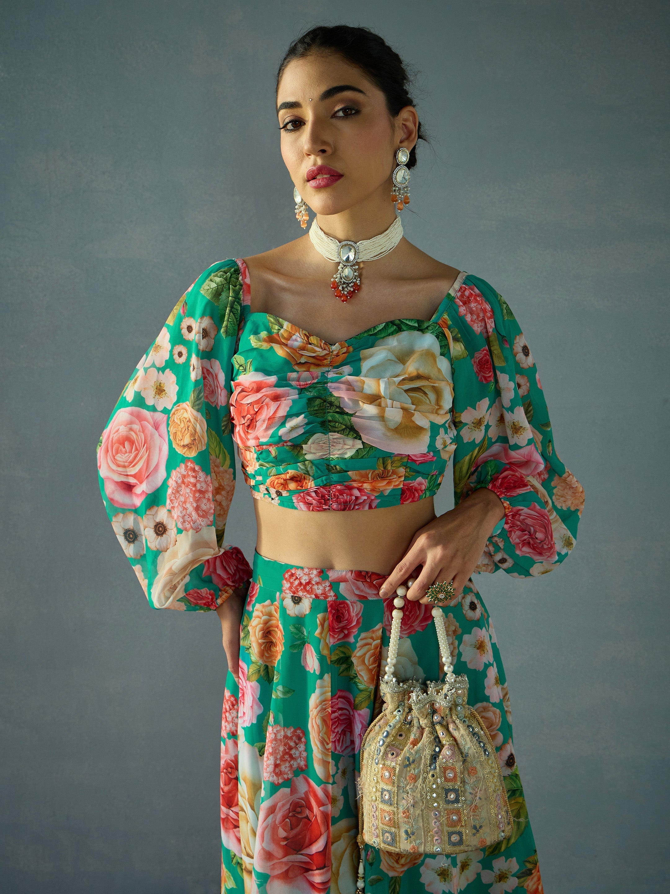 Women's Green Floral Lehenga Set - Sassafras