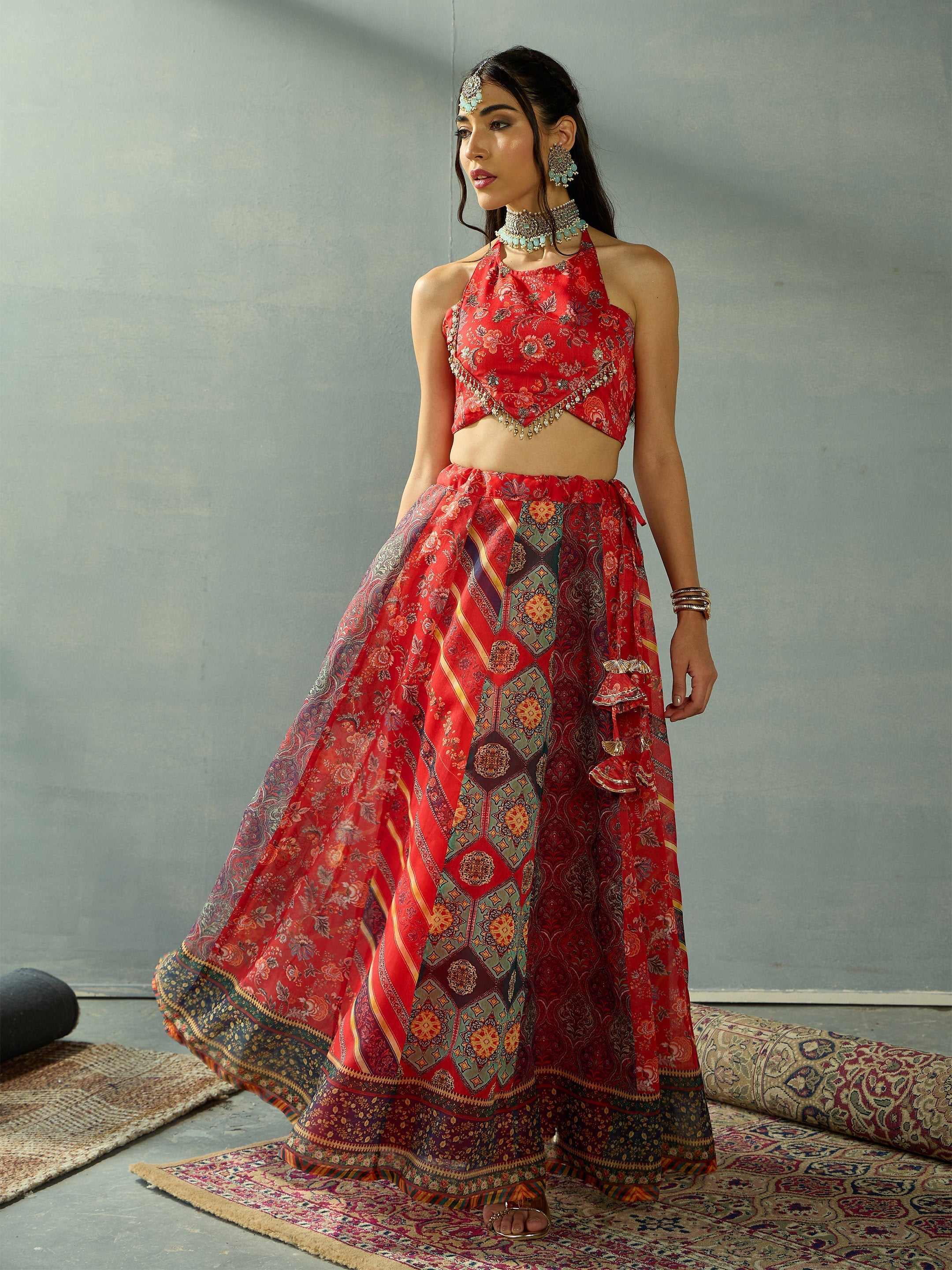 Women's Red Crop Top Lehenga Set - Sassafras