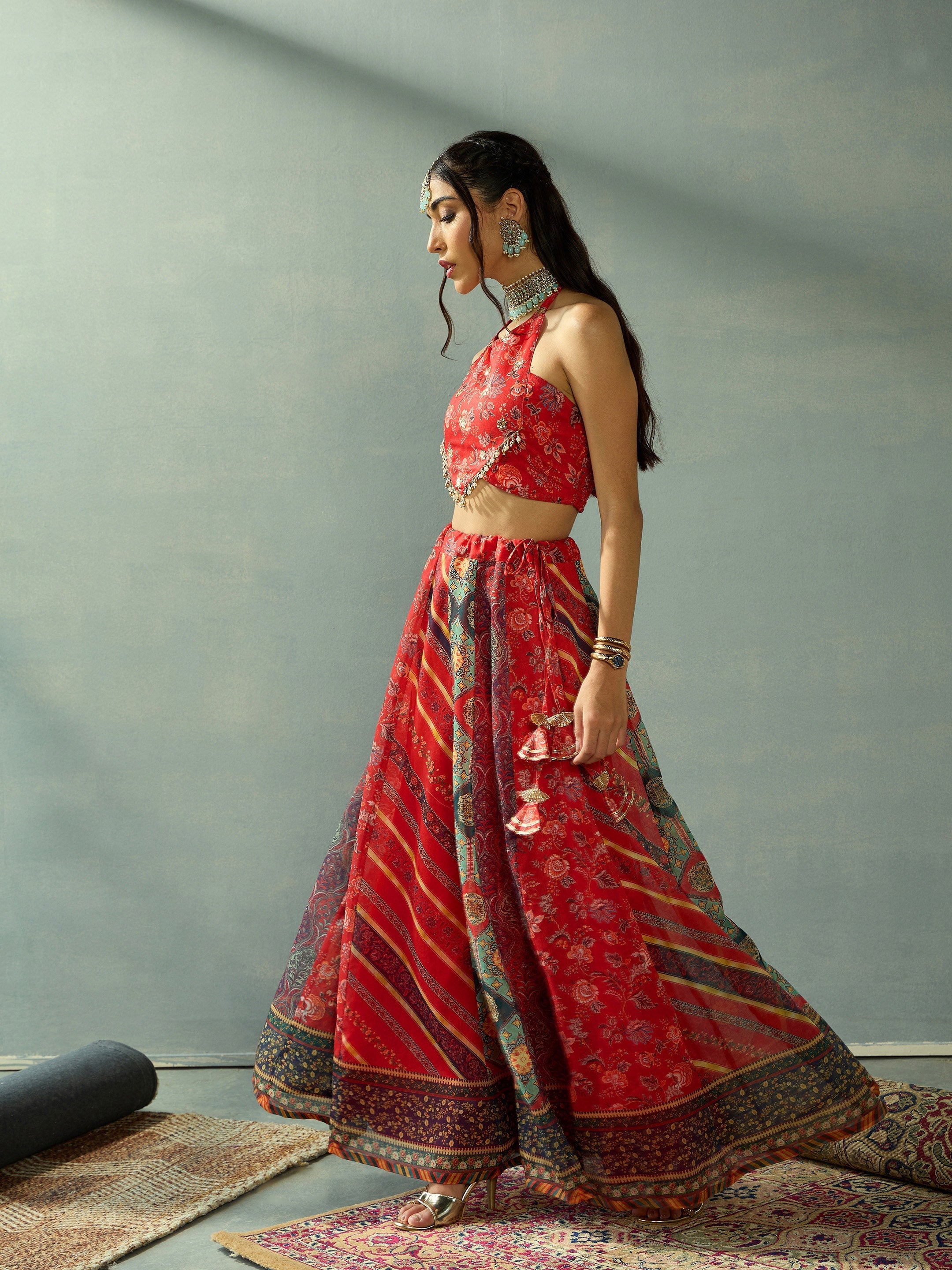 Women's Red Crop Top Lehenga Set - Sassafras