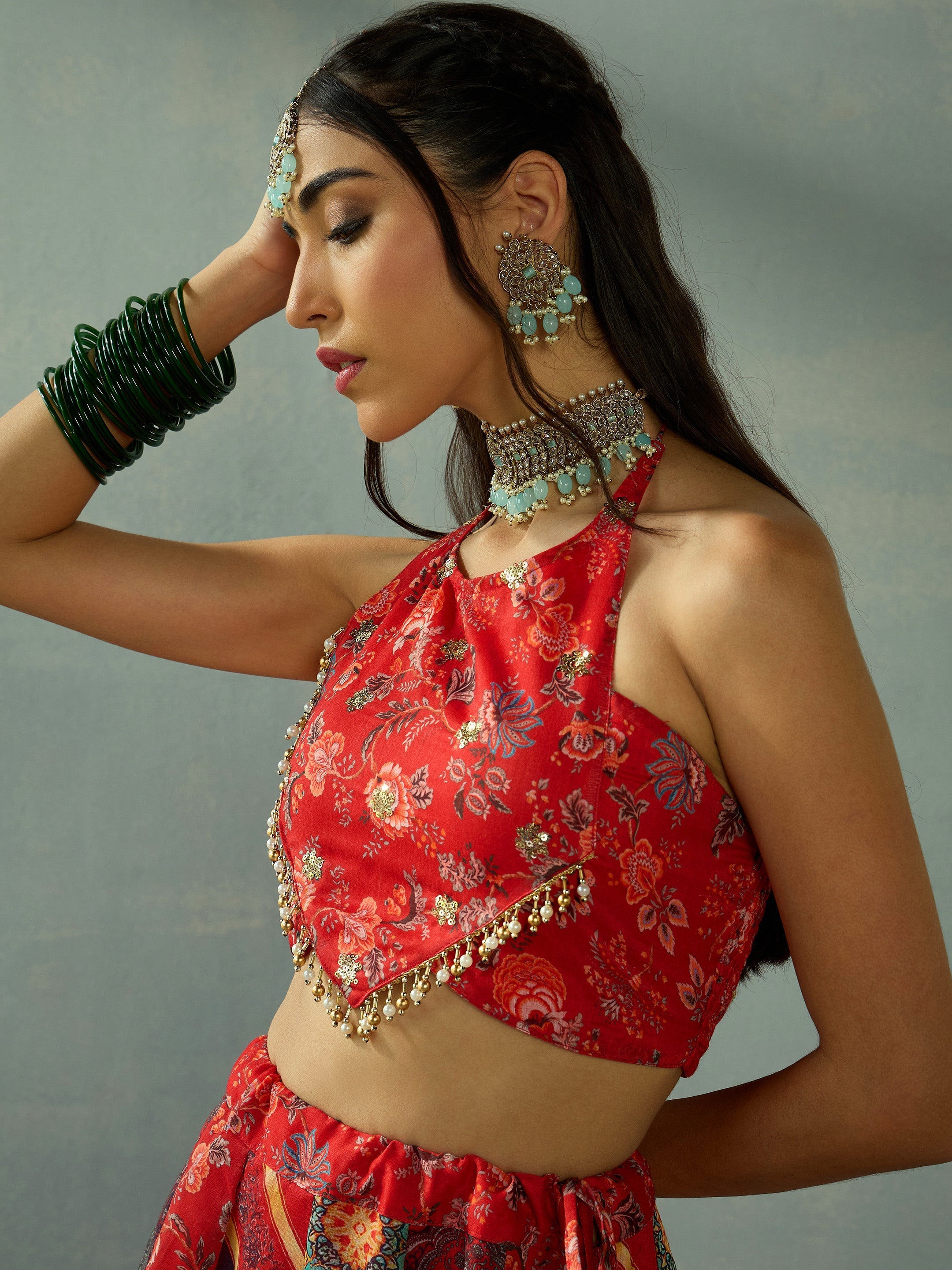 Women's Red Crop Top Lehenga Set - Sassafras