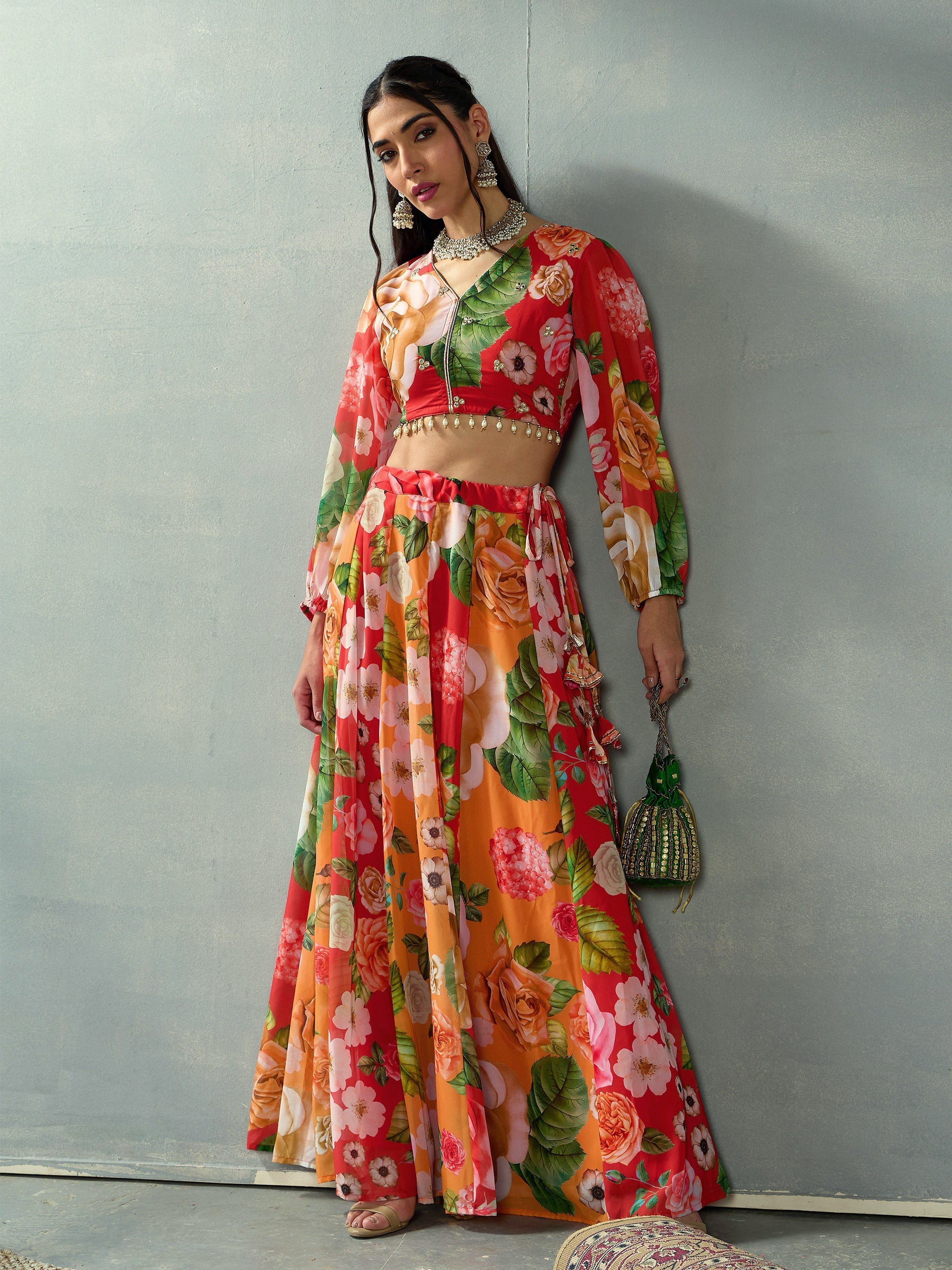 Women's Red Floral Lehenga Set - Sassafras