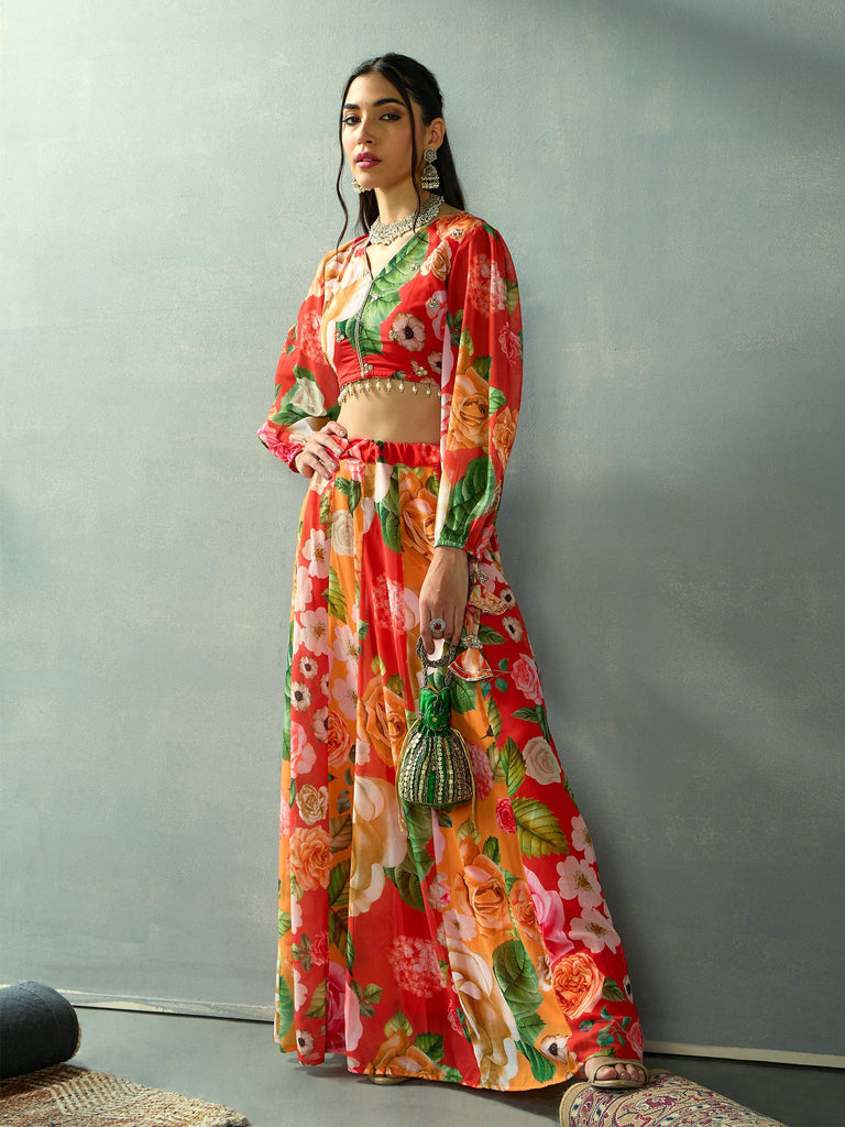 Women's Red Floral Lehenga Set