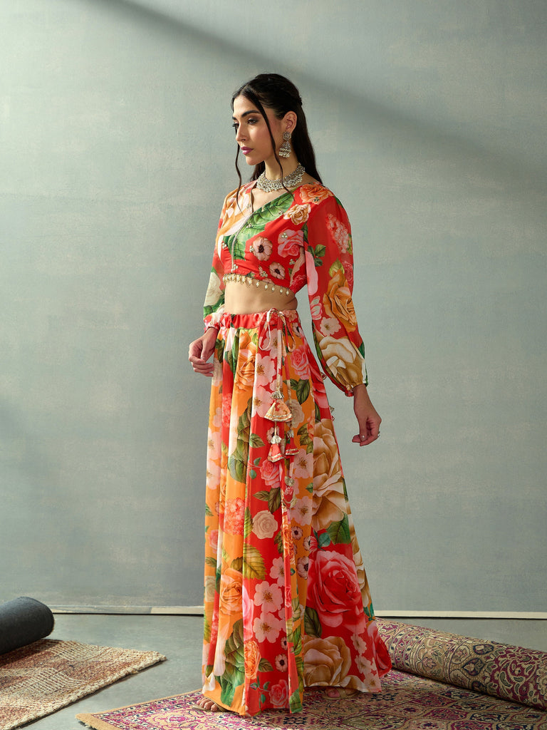 Women's Red Floral Lehenga Set