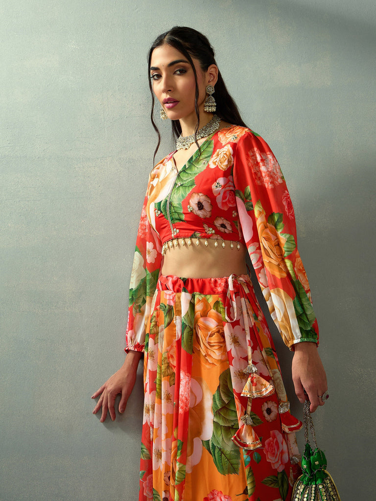 Women's Red Floral Lehenga Set