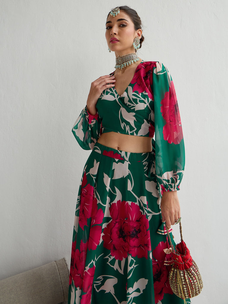 Women's Green Floral Lehenga Set