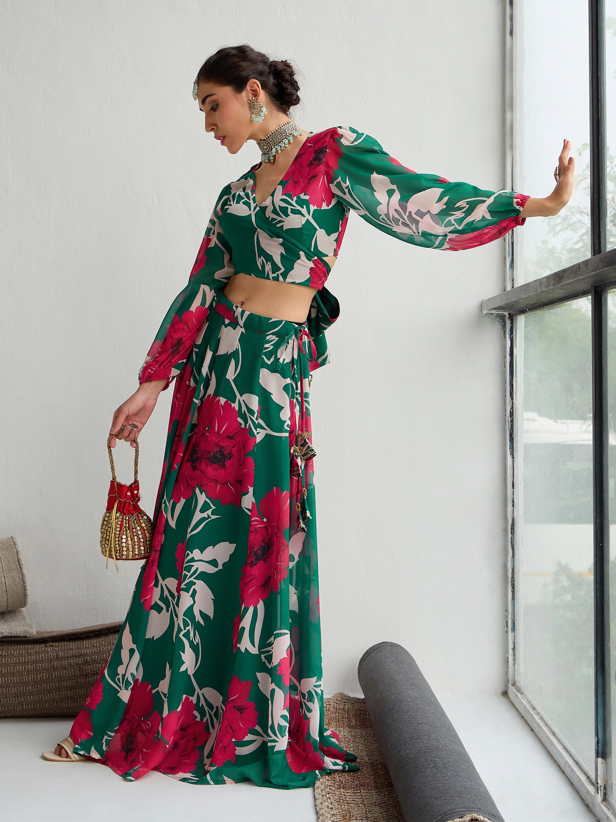 Women's Green Floral Lehenga Set - Sassafras