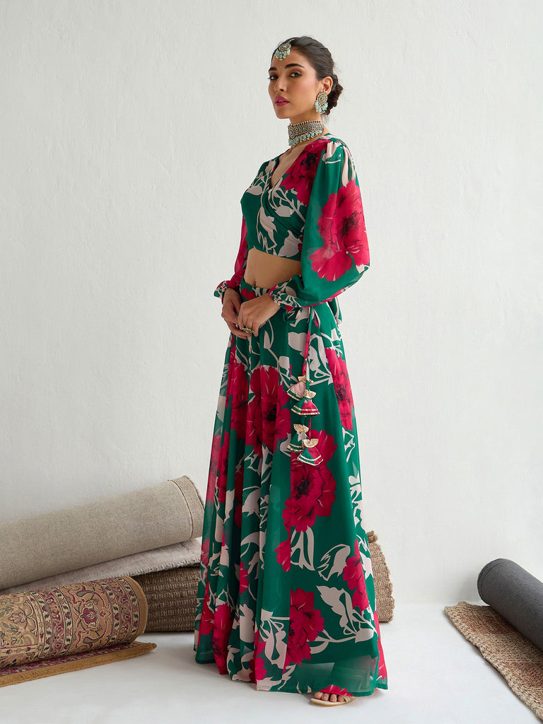 Women's Green Floral Lehenga Set