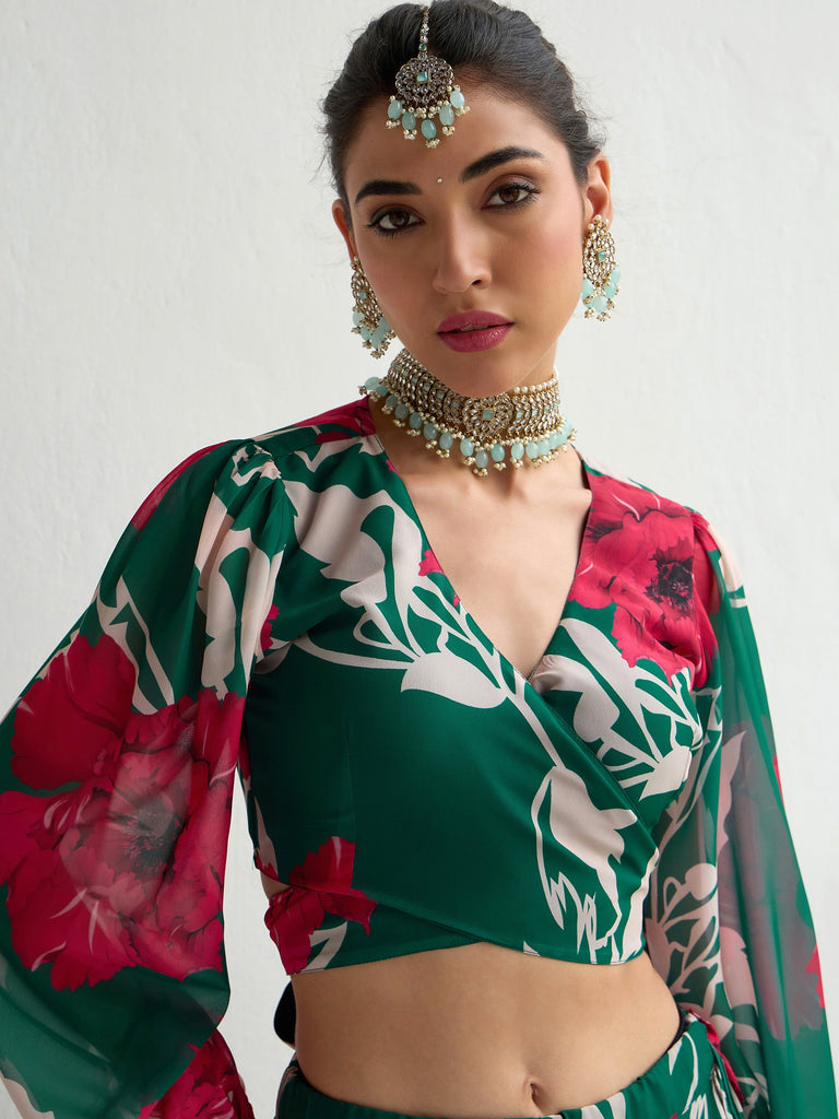 Women's Green Floral Lehenga Set