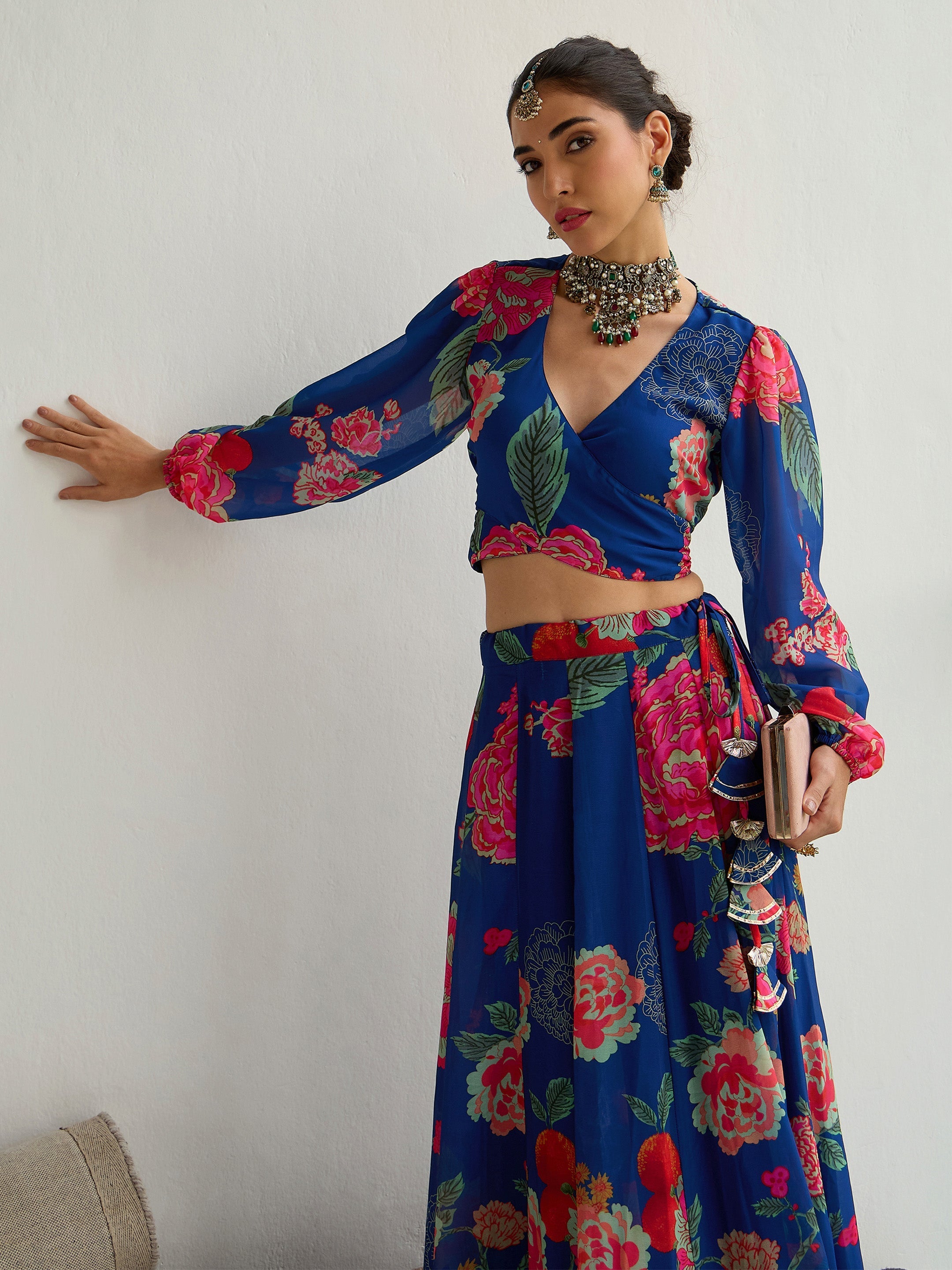 Women's Navy Blue Floral Lehenga Set - Sassafras