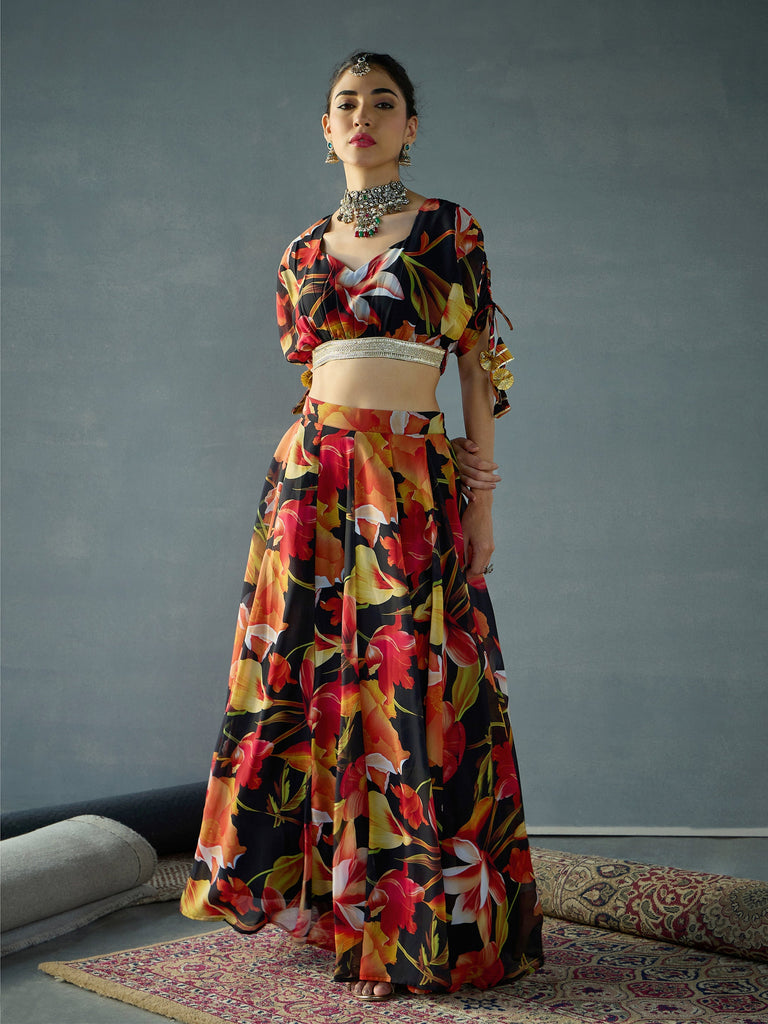 Women's Black Floral Lehenga Set
