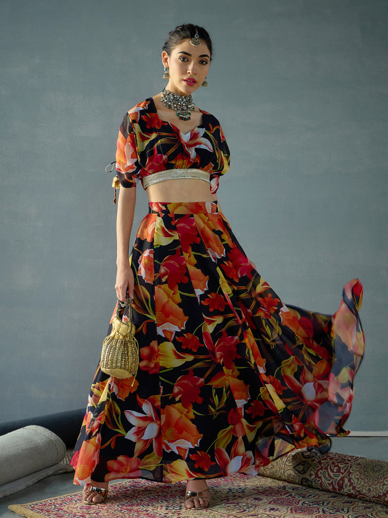 Women's Black Floral Lehenga Set