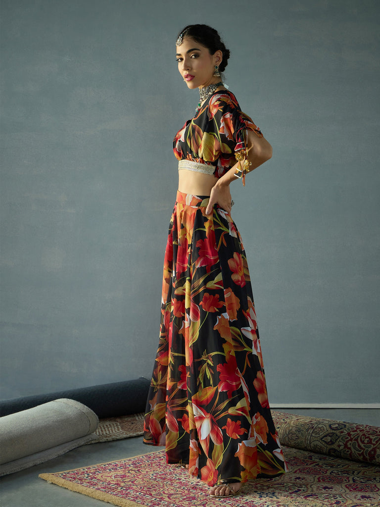 Women's Black Floral Lehenga Set