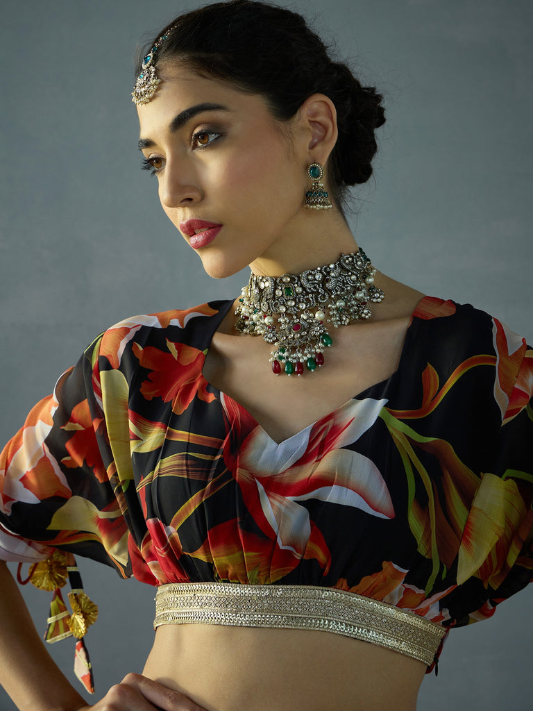 Women's Black Floral Lehenga Set