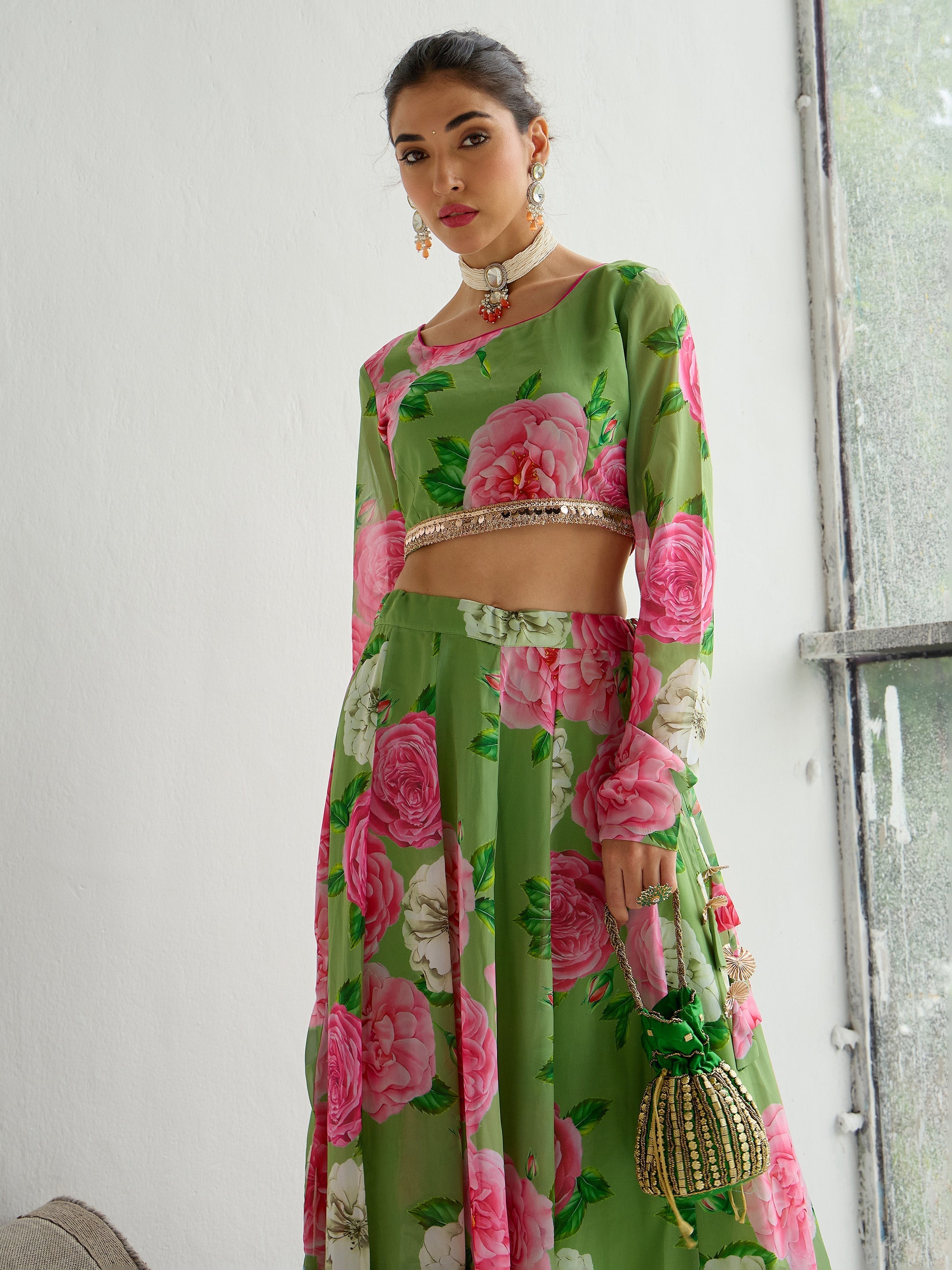 Women's Green Floral Lehenga Set - Sassafras