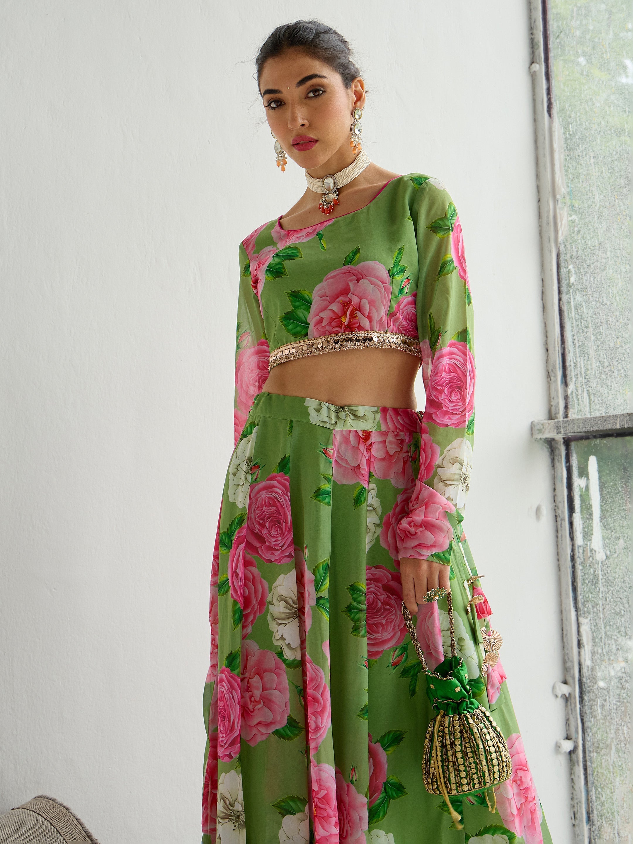 Women's Green Floral Lehenga Set