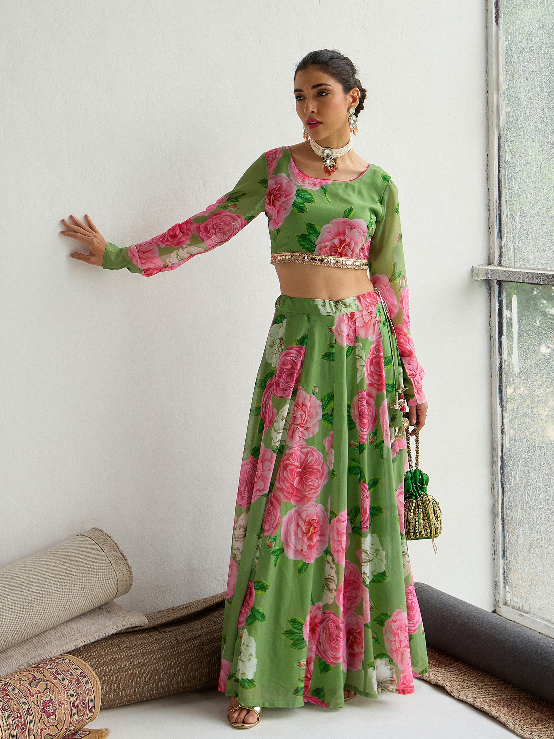 Women's Green Floral Lehenga Set - Sassafras