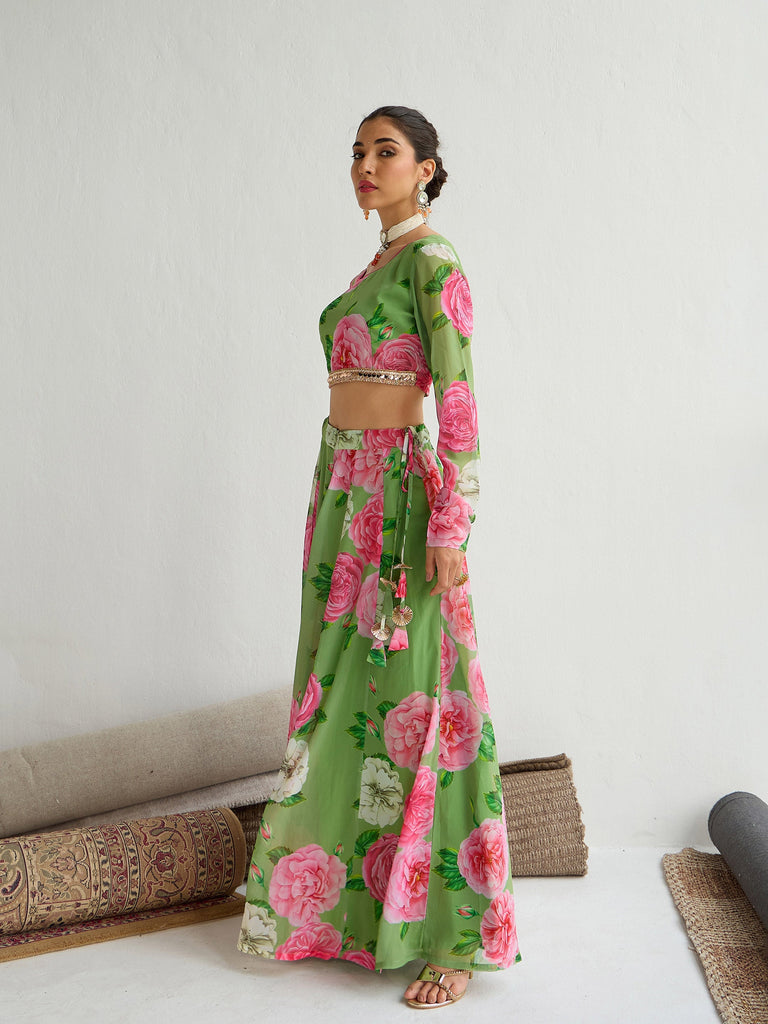 Women's Green Floral Lehenga Set