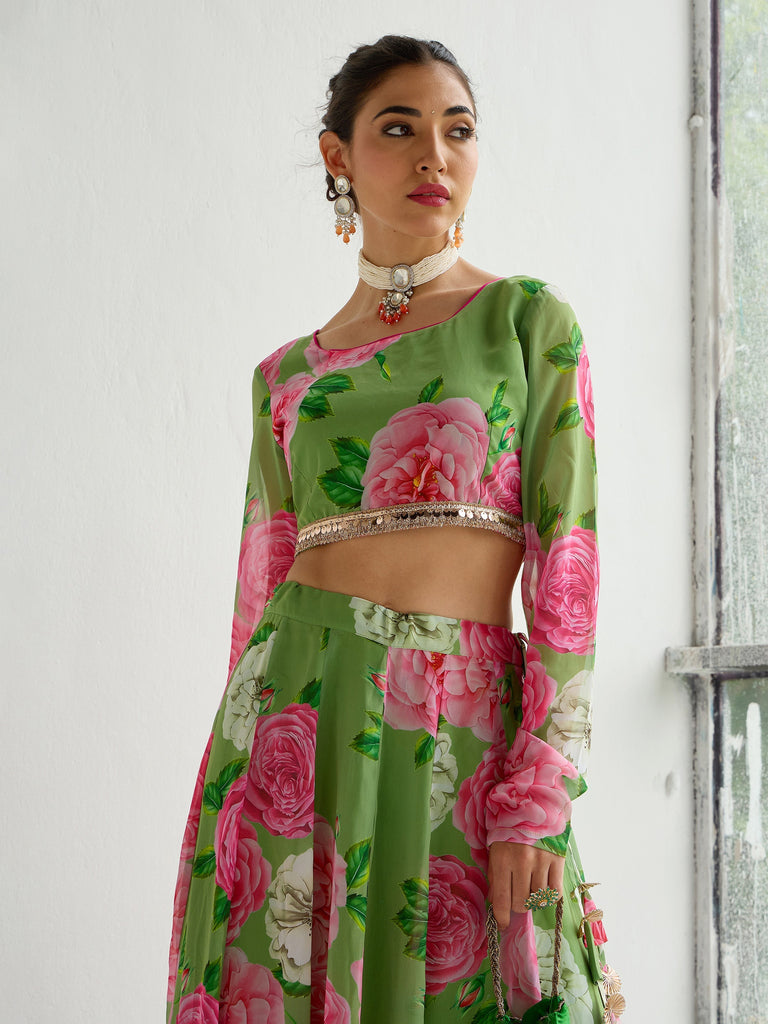 Women's Green Floral Lehenga Set