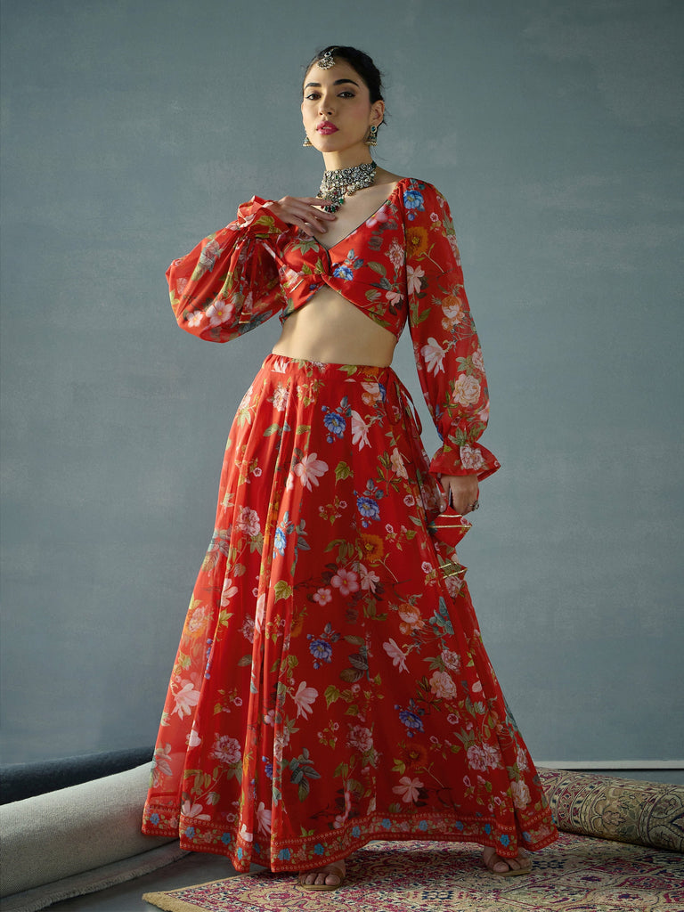 Women's Red Floral Lehenga Set