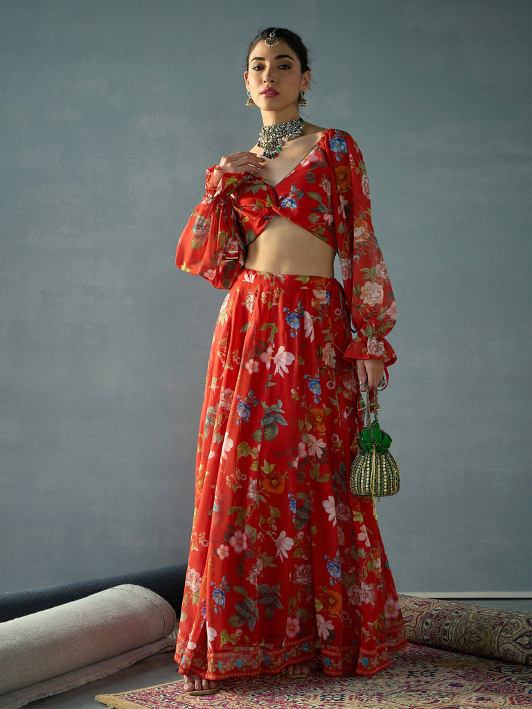Women's Red Floral Lehenga Set