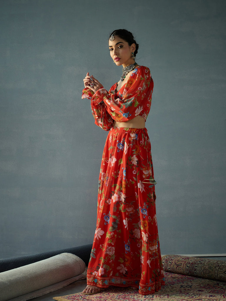 Women's Red Floral Lehenga Set